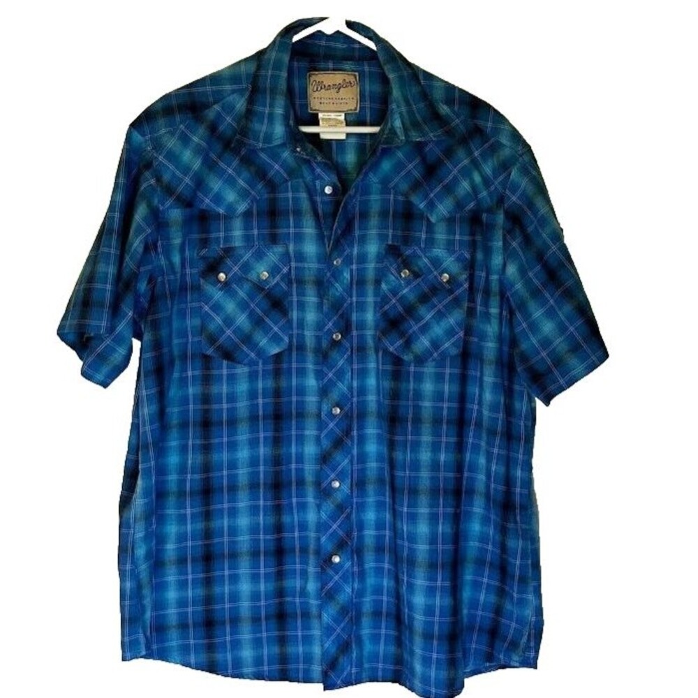 Wrangler Shirt Men's XL Blue Plaid Short Sleeve Pearl Snap Western Classic